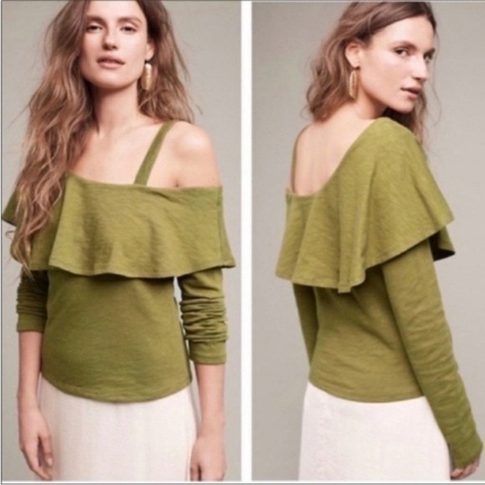 Anthropologie Postmark Euc Ruffle Feminine Green One Shoulder Long Sleeve Top